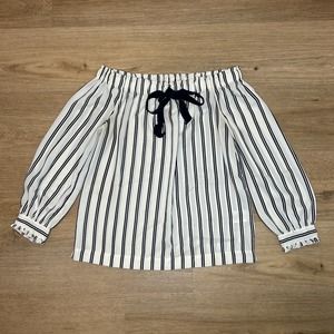 J Crew Mercantile Women XXS Blouse Ivory Blue Stripe Off Shoulder Sailor Bow Top